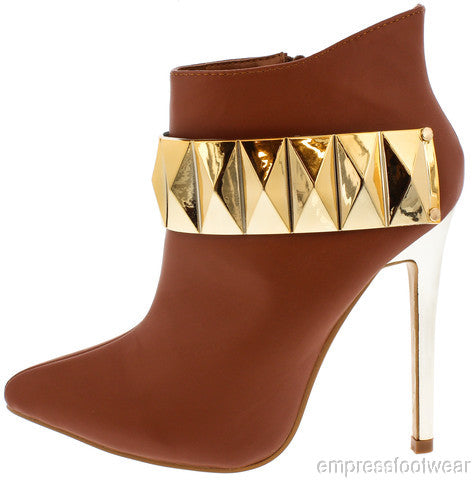 WOMEN CAMEL STUD GOLD PLATE POINTED ANKLE BOOTIE